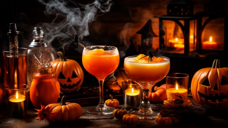 Halloween-themed drinks on a table that would be bad for your oral health