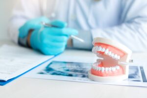 Dentist in blue gloves leaning on desktop with model teeth, paperwork, and x-ray